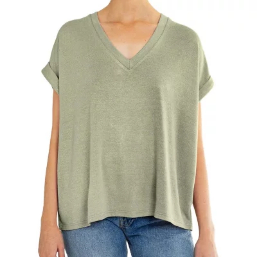 Mod Ref Sage Green Boxy V-Neck Knit Tee Shirt